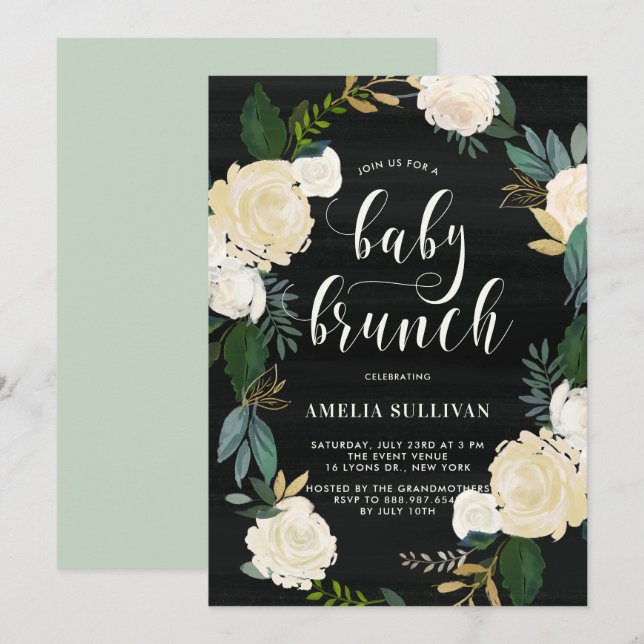 Invitation Fleurs d'aquarelle rustique Baby showers Brunch (Devant / Derrière)