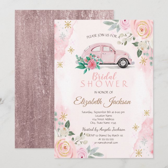 Invitation Fleurs d'aquarelle Snowflakes Fête des mariées de  (Devant / Derrière)