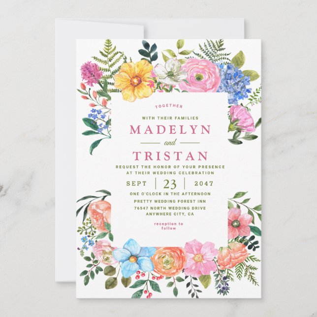 Invitation Fleurs d'aquarelle verte Mariage photo minimaliste (Devant)