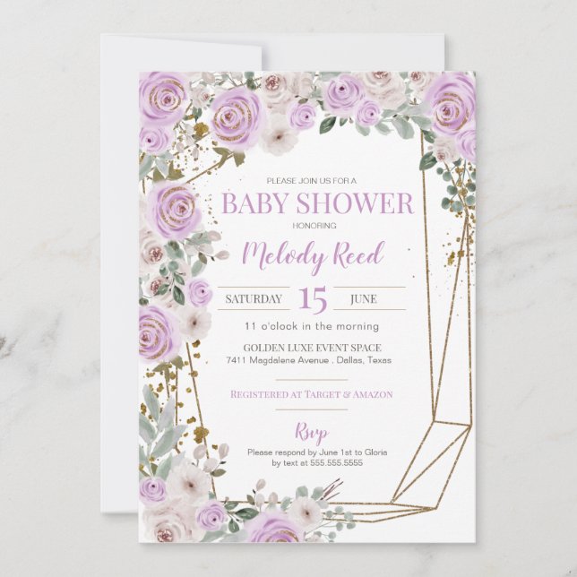 Invitation Fleurs d'aquarelle violet et blanc Baby shower fil (Devant)