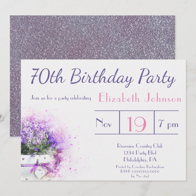 Invitation Fleurs d'aquarelle violette 70e anniversaire (Devant / Derrière)