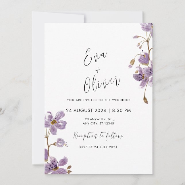 Invitation Fleurs d'aquarelle violette Calligraphie Mariage B (Devant)