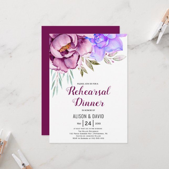 Invitation Fleurs d'aquarelle violette Dîner de répétition ma (Devant/Arrière en situation)