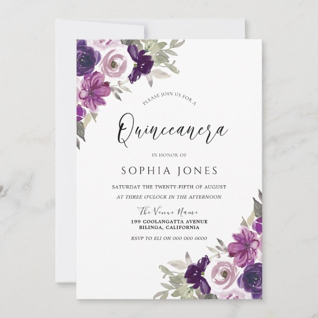 Invitation Fleurs d'aquarelle violette violet Quinceanera (Devant)