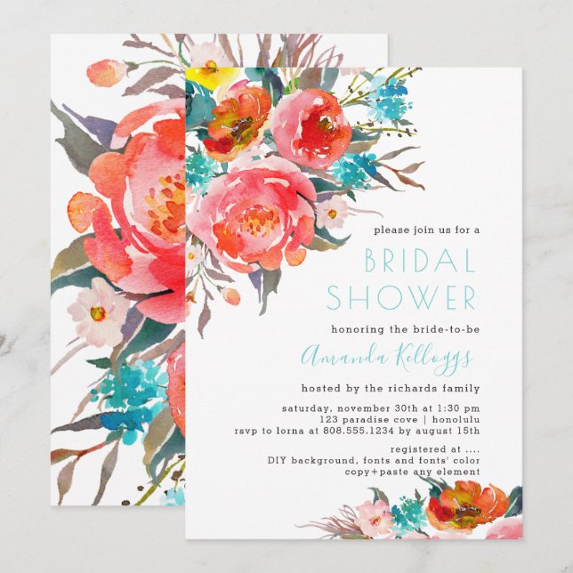 Invitation Fleurs d'aquarelles lumineuses PixDezines Fête de  (Devant / Derrière)