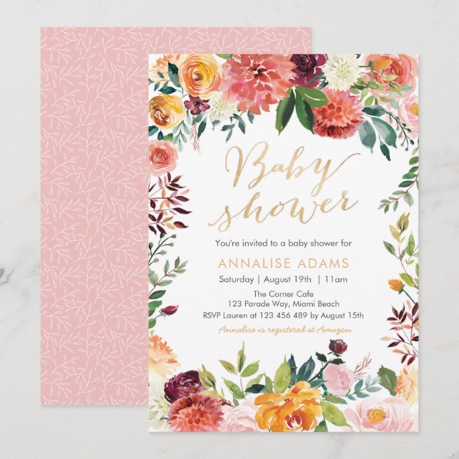 Invitation Fleurs d'automne et Baby shower d'or (Devant / Derrière)
