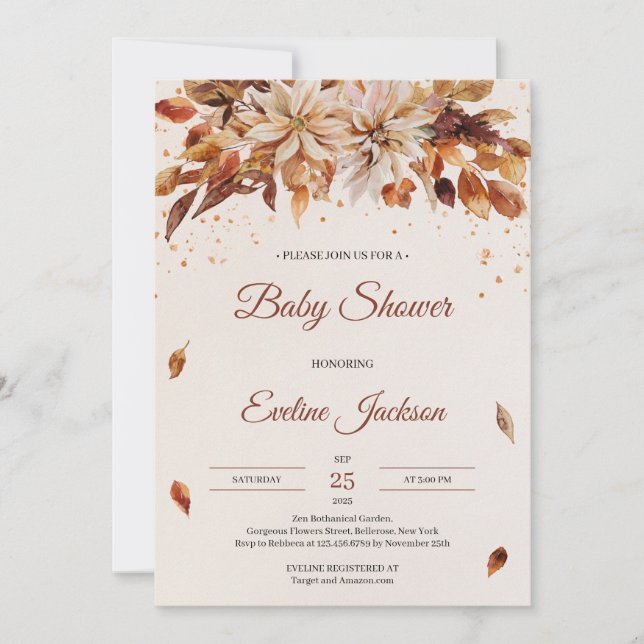 Invitation Fleurs d'automne et d'automne et Baby shower feuil (Devant)