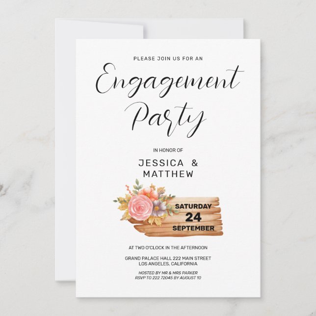 Invitation Fleurs d'automne et Fiançailles des signes en bois (Devant)