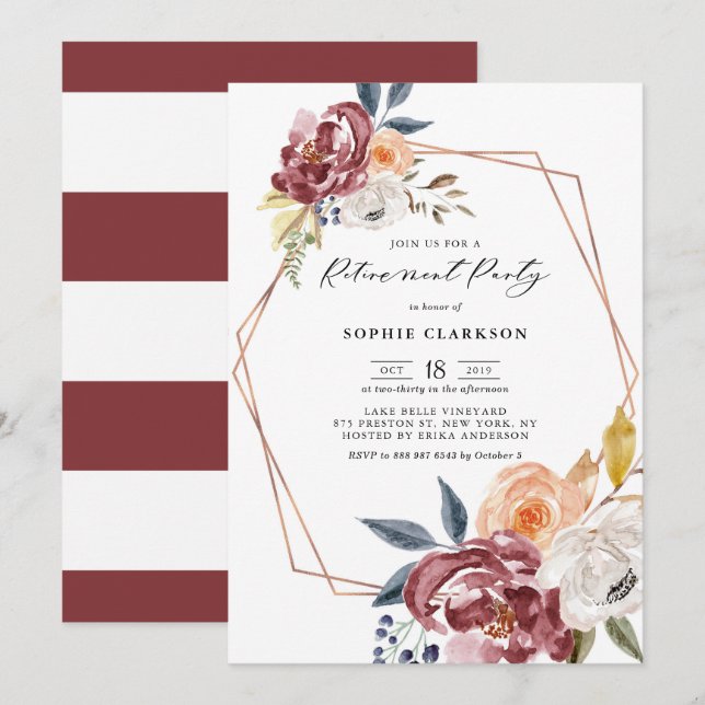Invitation Fleurs d'automne Marsala Parti de retraite géométr (Devant / Derrière)