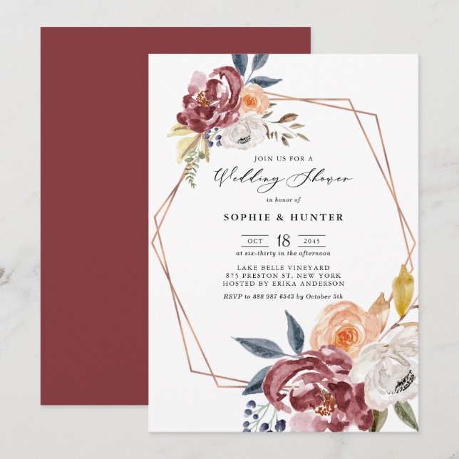 Invitation Fleurs d'automne Marsala Wedding shower géométriqu (Devant / Derrière)