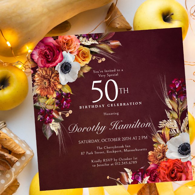 Invitation Fleurs d'automne rouge Bourgogne Script 50e annive (Stylish 50th birthday party invitation. Burgundy red, terracotta orange and bright white flowers. )