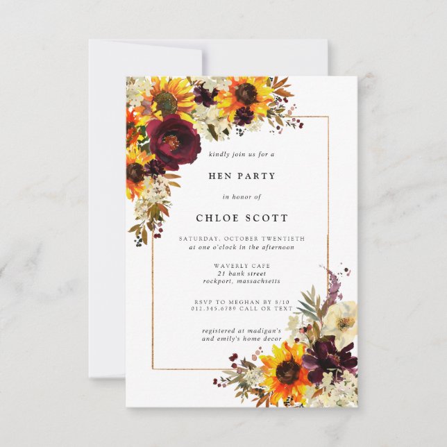 Invitation Fleurs d'automne Sunflower Rose Hen Party (Devant)
