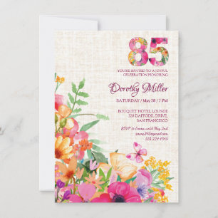 Invitation Fleurs de 85 ans Lin fleuri 85e anniversaire