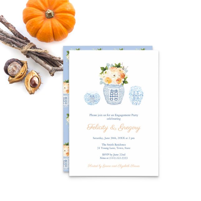 Invitation Fleurs de automne élégantes Partie d'engagement de (Elegant engagement party invitation featuring a ginger jar filled with autumn flowers and pumpkins)