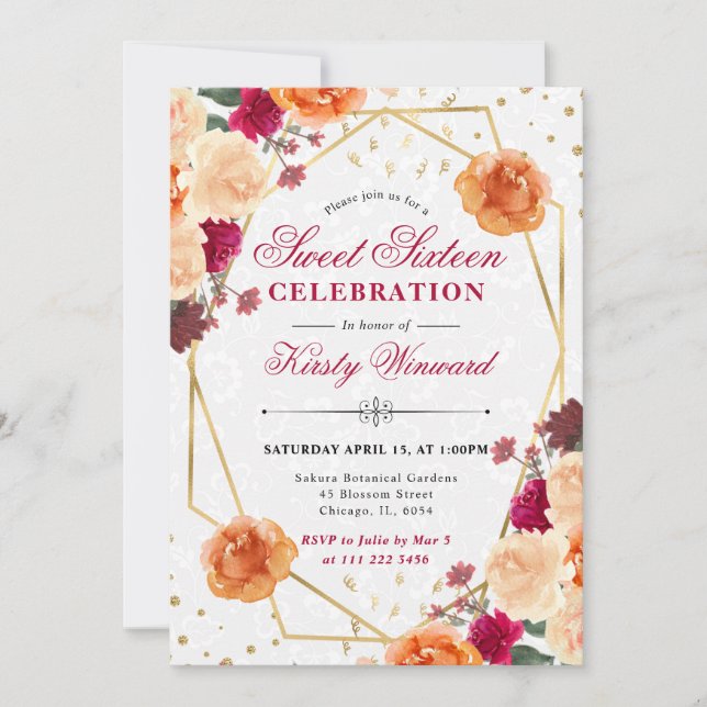 Invitation Fleurs de automne rouge et orange Cadre doux 16 (Devant)