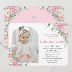 Invitation Fleurs de baptême florales blanches roses Arch Pho
