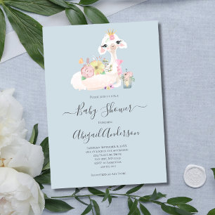 Invitation Fleurs de bébé lama blanc bleu Baby Shower
