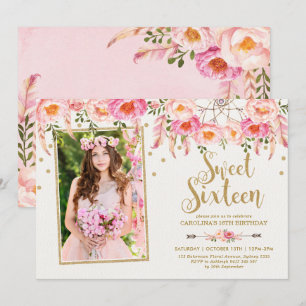Invitation Fleurs de Bohême rose rousse Douce 16 Anniversaire