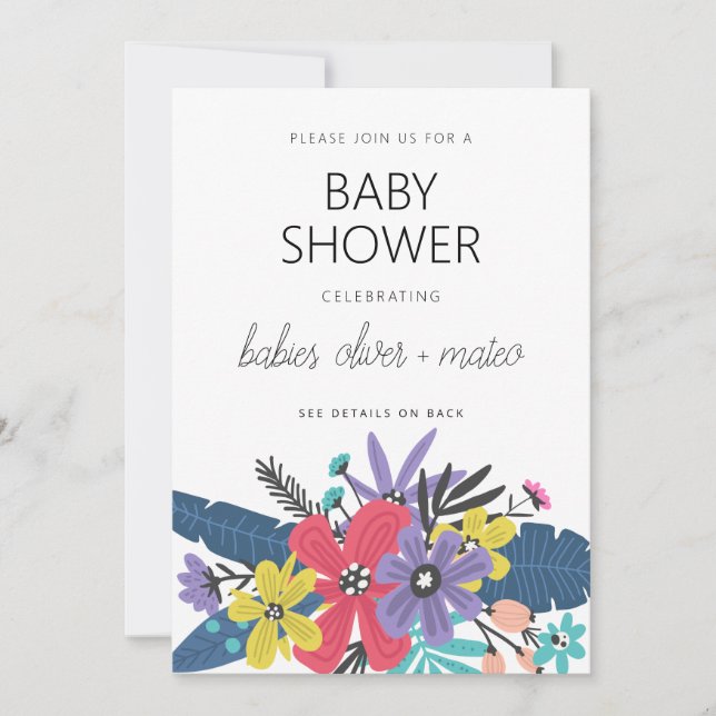 Invitation Fleurs de Boho modernes Baby shower jumeau garçon (Devant)