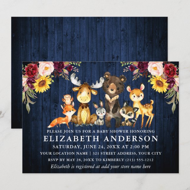 Invitation Fleurs de bois bleu rustique Bois Bois Animaux Dou (Devant / Derrière)