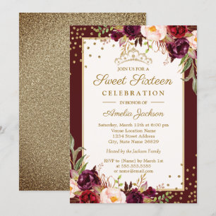 Invitation Fleurs de Bourgogne dorées Étincelle Sweet Sixteen