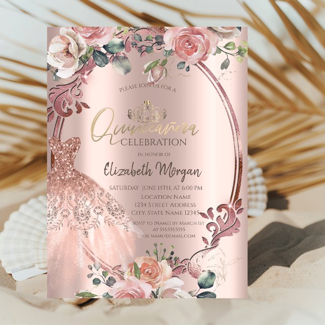 Invitation Fleurs de cadre Blush Robe Quinceañera (Créateur téléchargé)