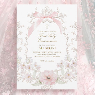 Invitation fleurs de cadre de nœud rose Première Sainte Commu