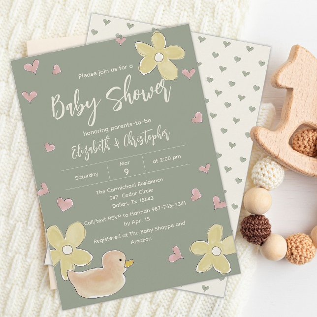 Invitation Fleurs de canard Coeurs Couples Baby shower fille (Créateur téléchargé)