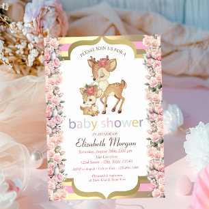 Invitation Fleurs de cerf bébé roses à rayures dorées Baby Sh