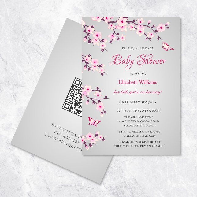 Invitation Fleurs de cerisier Baby shower rose gris (Créateur téléchargé)