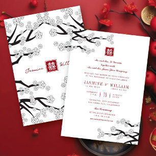 Invitation Fleurs de cerisier en noir et blanc 囍 Mariage chin