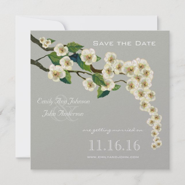 Invitation Fleurs de cerisier gris ivoire Branche Enregistrer (Devant)