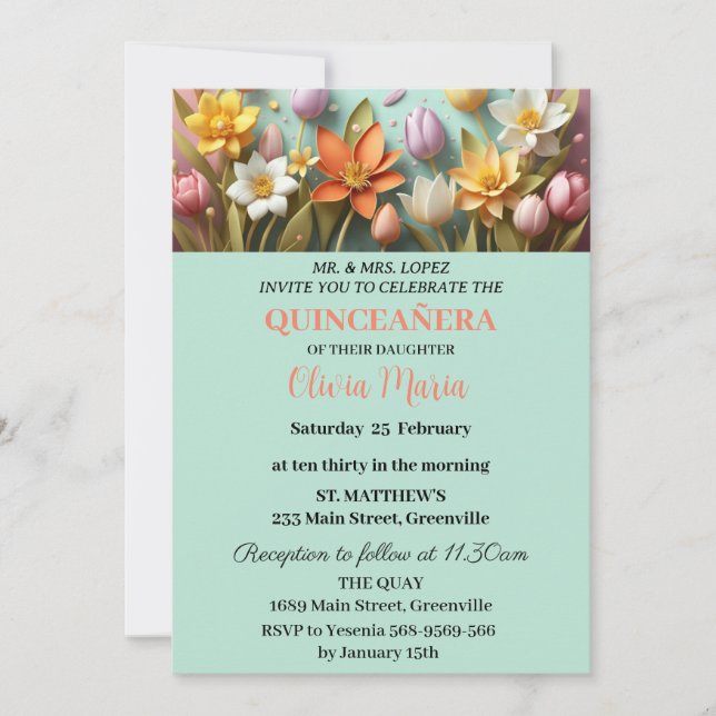 Invitation Fleurs de Cerisier Papillon Or Rose Quinceañera (Devant)