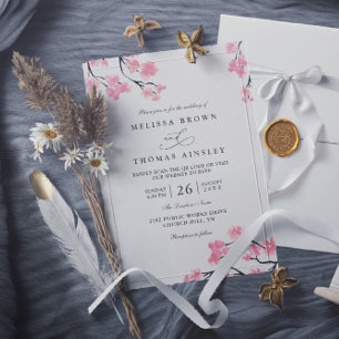 Invitation Fleurs de cerisier rose élégant chic code QR maria