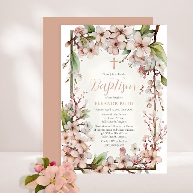 Invitation Fleurs de cerisier rose Fille Printemps Baptême fl (Créateur téléchargé)