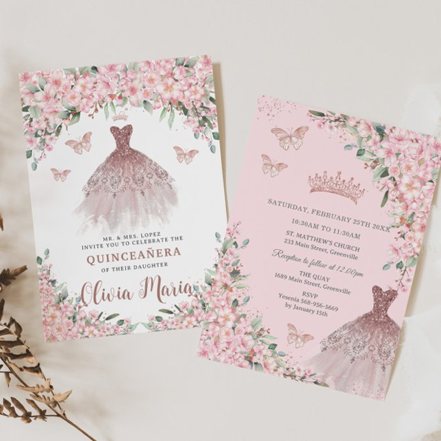 Invitation Fleurs de cerisier Rose Floral Robe Or Quinceañera (Créateur téléchargé)