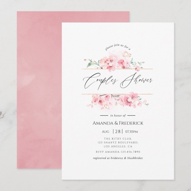 Invitation Fleurs de cerisier rose géométrique pour douche de (Devant / Derrière)