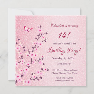 Invitation Fleurs de cerisier rose pailleté Anniversaire
