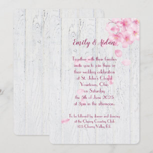 Invitation fleurs de cerisier roses sur mariage en bois