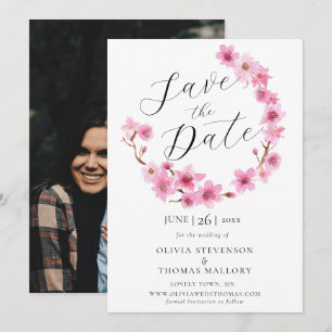 Invitation Fleurs de cerisier Wreath Photo Wedding Enregistre