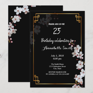 Invitation fleurs de cerisiers blancs et cadre doré Anniversa