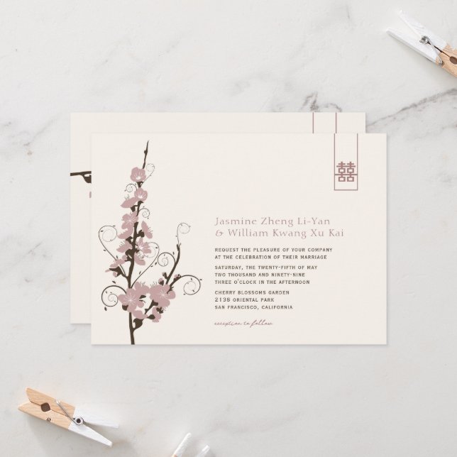 Invitation Fleurs de cerisiers roses Sakura tortille Mariage  (Devant/Arrière en situation)