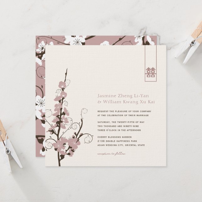 Invitation Fleurs de cerisiers roses Sakura tortille Mariage  (Devant/Arrière en situation)