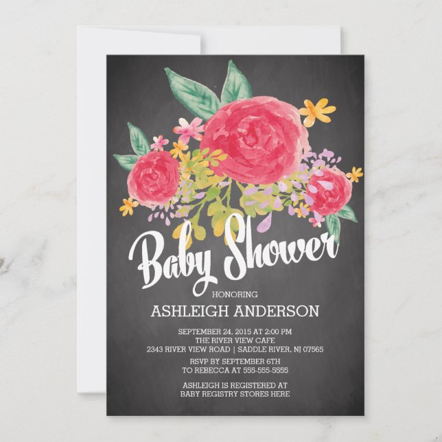 Invitation Fleurs de Chalkboard modernes Baby shower filles (Devant)
