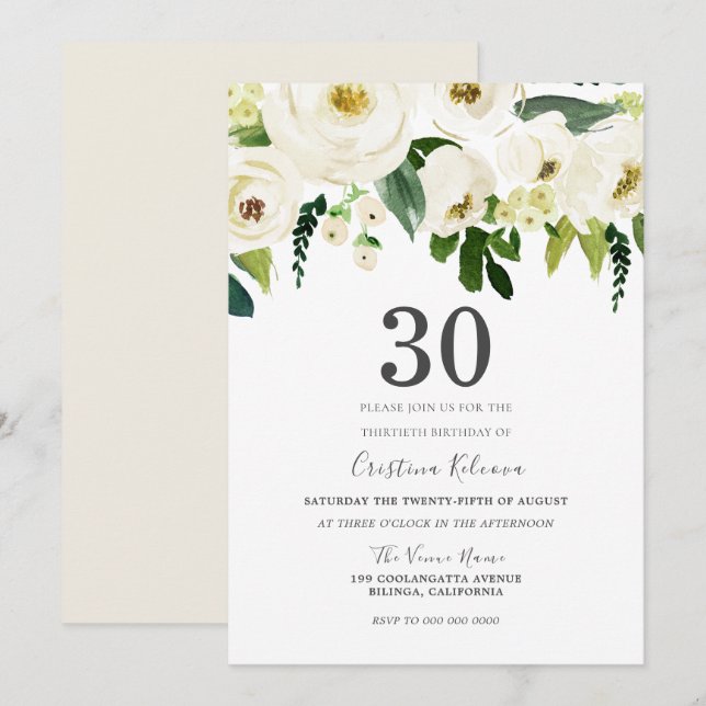 Invitation Fleurs de Champagne Blanche 30e fête d'anniversair (Devant / Derrière)
