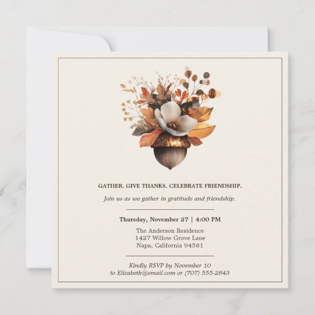 Invitation Fleurs de chêne rustiques | Dîner de Thanksgiving  (Devant)