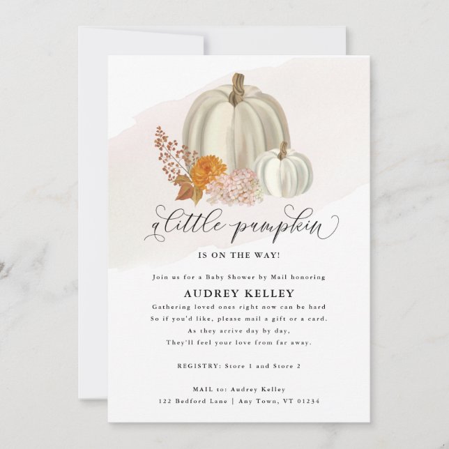 Invitation Fleurs de chute Citrouilles blanches, Baby shower  (Devant)