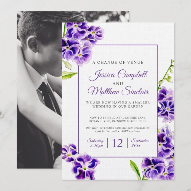 Invitation Fleurs de ciel violet changement de lieu mariage (Devant / Derrière)