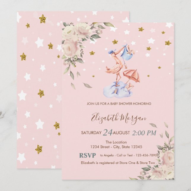 Invitation Fleurs de cigogne, Baby shower d'étoiles (Devant / Derrière)