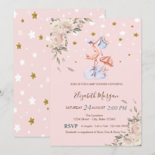 Invitation Fleurs de cigogne, Baby shower d'étoiles